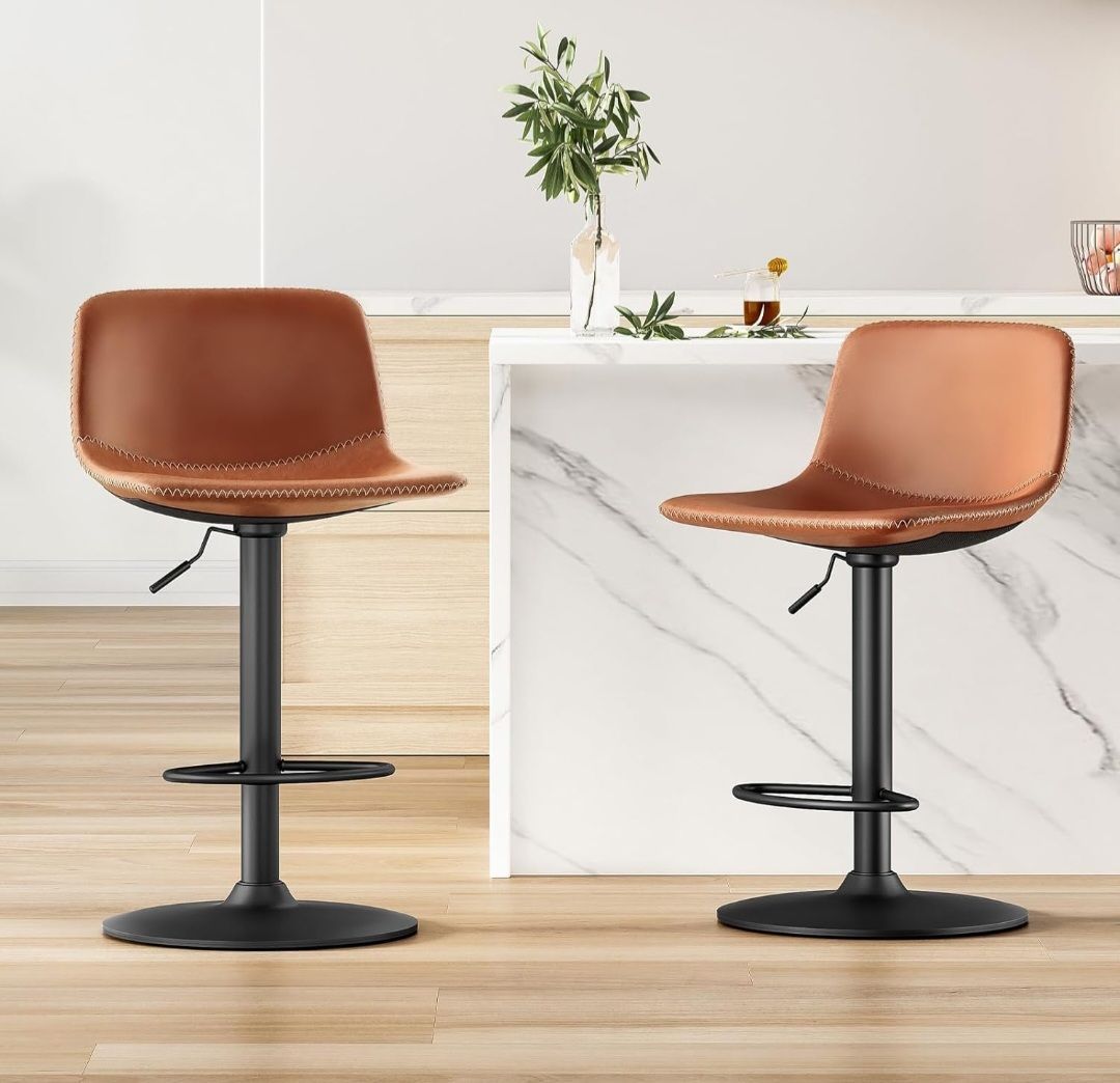 New Adjustable Bar Stools Set of 2, Mid Century Modern Swivel Bar Stools, Industrial Bar Height Stools With Back Support Counter Height Bar Chairs Pu