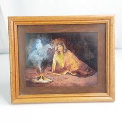 Native American Vintage Etching Foil Engraving Art  Framed Indian Woman By Fire