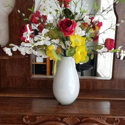 White ceramic vase with silk flowers 20" H X 8" W