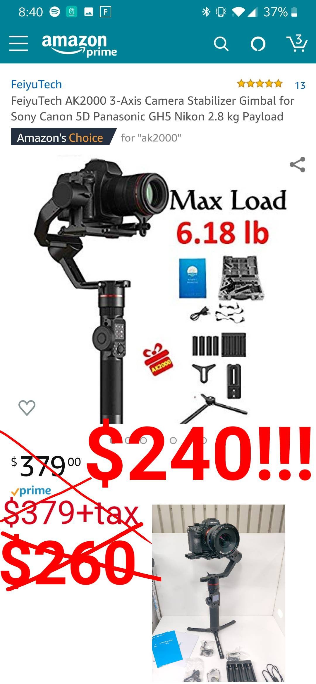 DSLR camera gimbal stabilizer 6.18lb max load on, 3 axis, FeiyuTech ak2000 gimbal for Nikon, Panasonic Lumix, canon, Sony cameras and more
