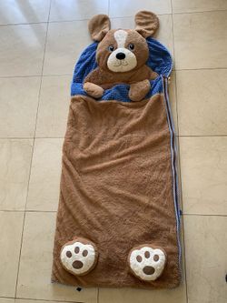 Pottery Barn Kids Shaggy Head Bear Sleeping Bag – Brown Plush & Blue – Kids