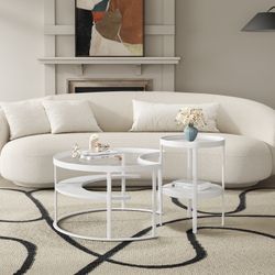 NEW Round Glass Top Coffee Table + Side Table – White Moon Coffee Table Set of 2