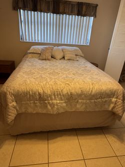 Queen Mattress, Box Spring, Rails And Dresser