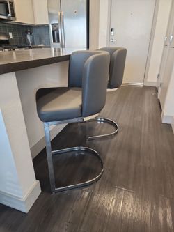 Gray  faux Leather Bar Stools with Chrome Base – Set of 2