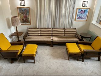 Rare Vintage Country Contemporary Modular Architectural Oak MCM Living Room Set-Extensole Corporation out of Sparta, Michigan-Golden Mustard/Brown