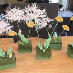 6 Dandelion Centerpieces with cute fairies, a gnome, a snail. Or goodie boxes