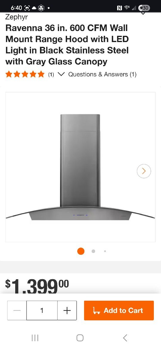Kitchen Wall Mount Range Hood with LED Light in Black Stainless Steel Gray Glass Canopy