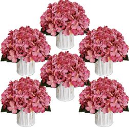 DIYDOFUN Flower Table Centerpieces - Set Of 6 Floral Arrangement Artificial Wedding Hydrangeas Floral Arrangement With Rustic Metal Vase For Bridal Te