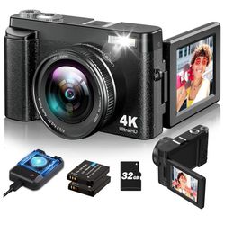 4K Digital 4K Digital Camera for Photography and Video, Autofocus Vlogging Camera with 180° Flip Screen 16X Zoom, 48MP Compact Camera with Flash  2 Ba