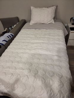 Twin xl mattress, with bedframe, boxspring, and covers