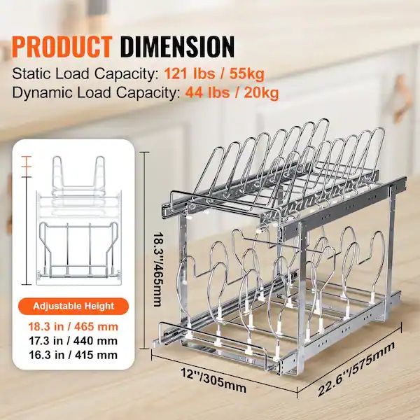 Pan and Pot Rack 2-Tier Expandable Pull Out Under Cabinet Organizer 12 in. W Standing Chrome Plated Pot Rack