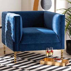 Baxton Studio Seraphin Glam & Luxe Navy Blue Velvet Fabric Upholstered Gold Finished Armchair