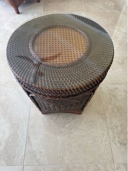 Woven Wicker Storage Side Table with Glass Top