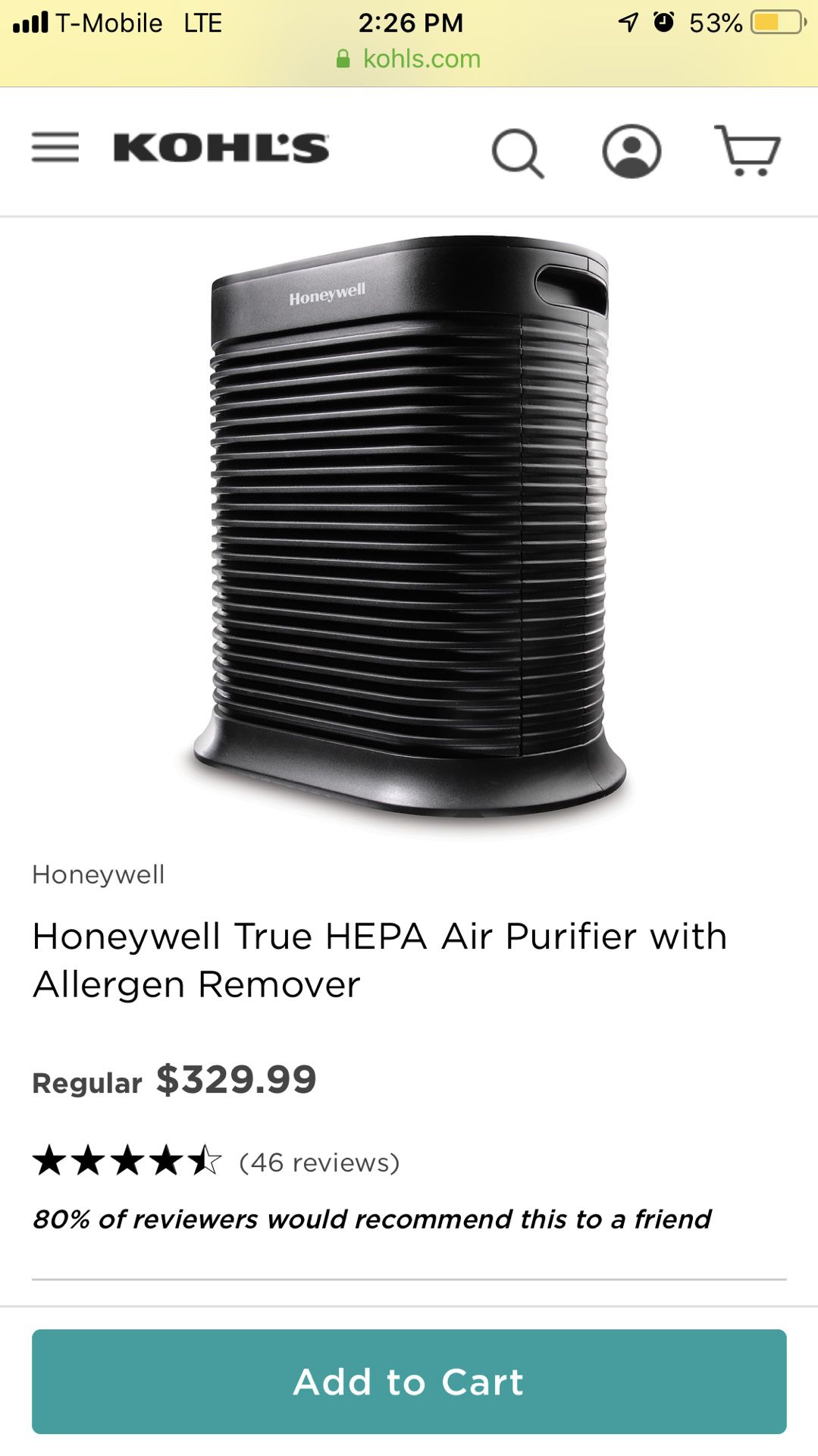 Honeywell True HEPA 465sq ft, Air Purifier/Allergen Remover