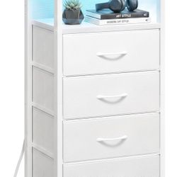 2 Nightstands With Charging Station, Night Stand with U-S-B Ports and Outlets, 4 Fabric Storage Drawers with PU Finish, Small Dresser Bed Side Table