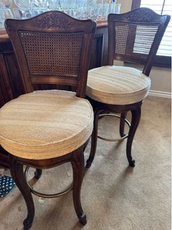French Country style swivel counter stool with rattan cane backrest and beige cushion Set of 3
