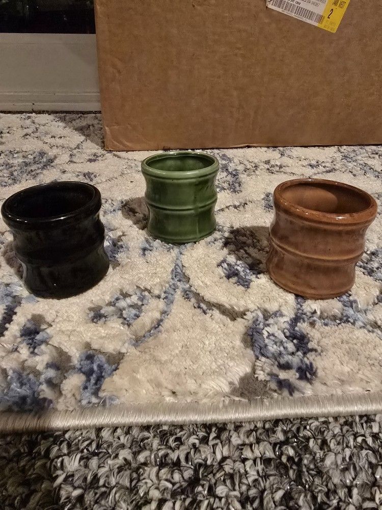 3 Japanese Ceramic Yunomi Teacups Set Vtg Pottery Bamboo Shape