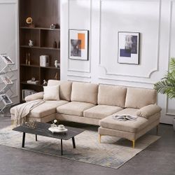  Sectional Sofa 110" U-Shape Sofa Couch 4-Seat Couch with Chaise ChenilleFabric Upholstered for Living Room, Apartment, Office, Camel