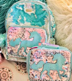 Unicorn Flip Sequin Shaky Backpack and lunch box.