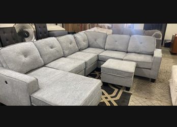 Chenille sectional sofa c shape with ottoman