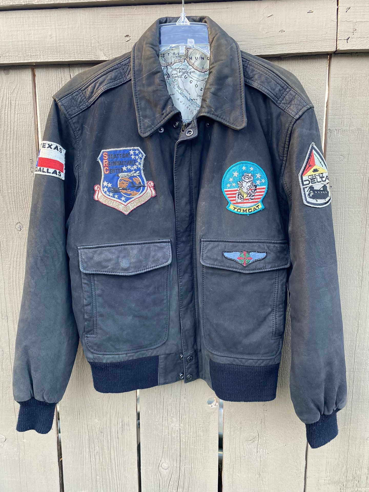Vintage FABIANI Authentic Leather Military Patches Map Lined Flight Jacket - 38