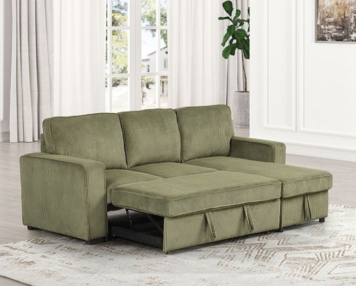 Corduroy sectional sofa with storage chaise and pull out sofa bed