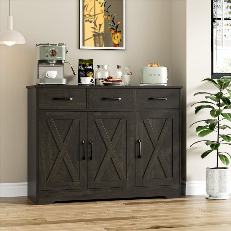 42.5’’ Kitchen Buffet Sideboard Cabinet, 3 Drawers Farmhouse Storage Cabinet with Adjustable Shelf, Dark Brown