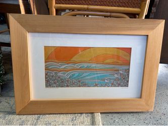 Framed Joe Vickers Surf Art Print – "Two Waves Three Birds" 24" x 16.5"