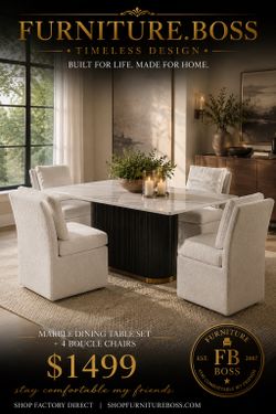 5pc Marble Dining Table with 4 Boucle Chairs