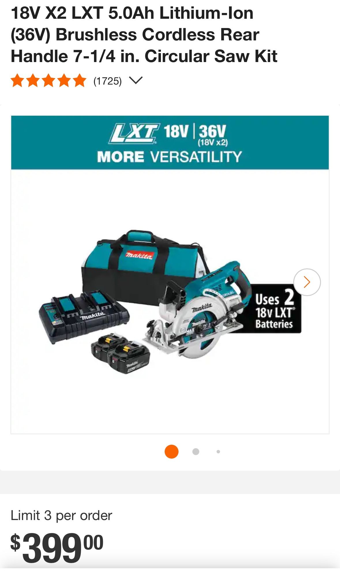 18V X2 LXT® LITHIUM-ION (36V) BRUSHLESS CORDLESS REAR HANDLE 7-1/4" CIRCULAR SAW KIT