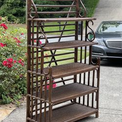 Late Mid Century Vintage Coastal Rattan Baker’s Rack Shelf Bamboo 