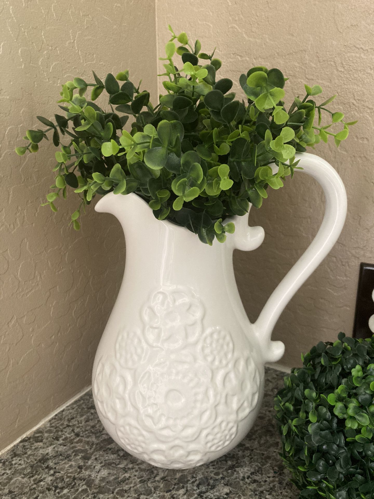 Tall White Farmhouse Pitcher with Greenery