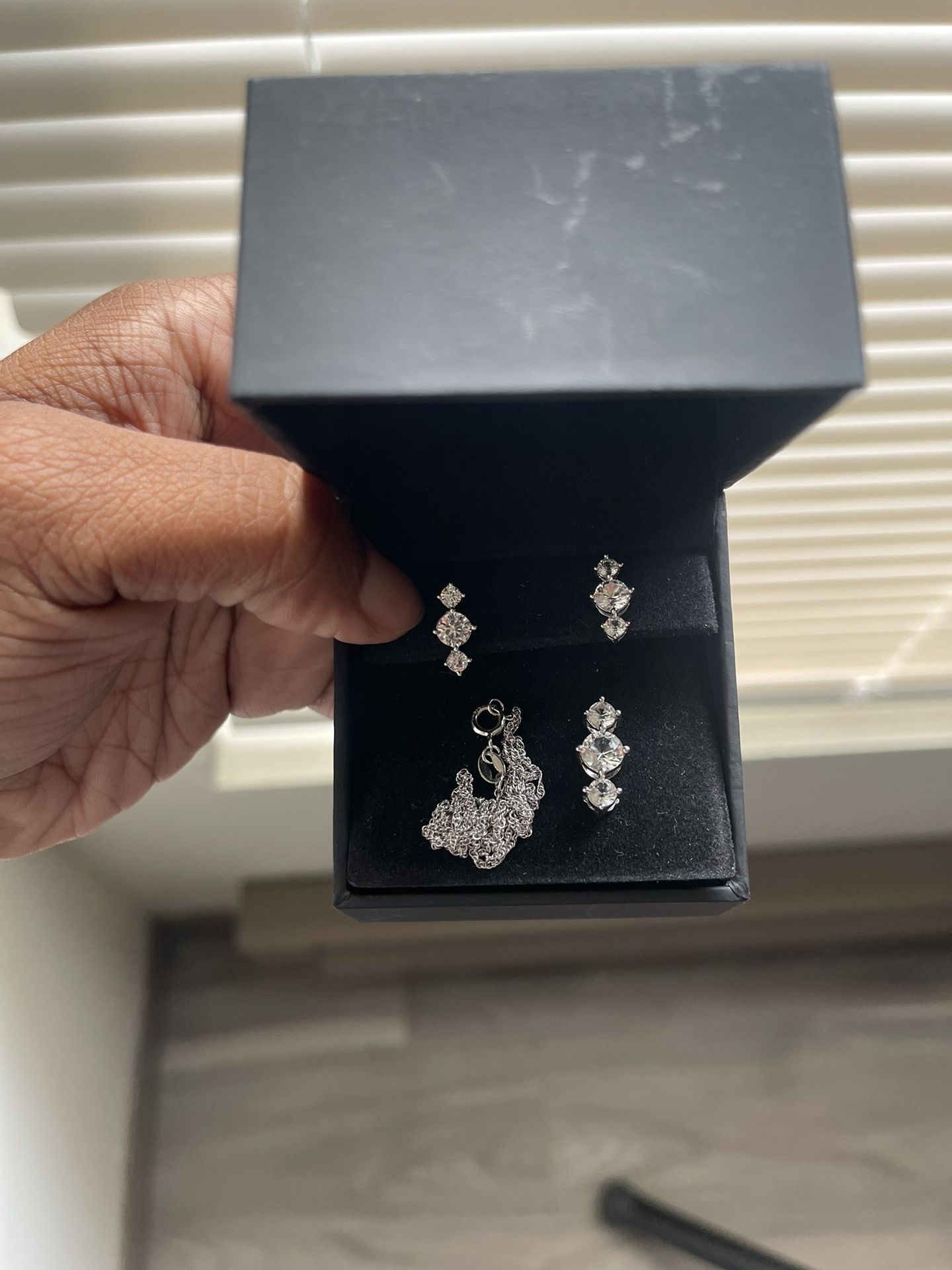 White Lab-Created Sapphire Three Stone Drop Pendant and Earrings Set in Sterling Silver (Zales)