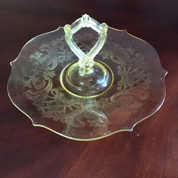 Vintage Yellow Etched Glass Serving Tray 