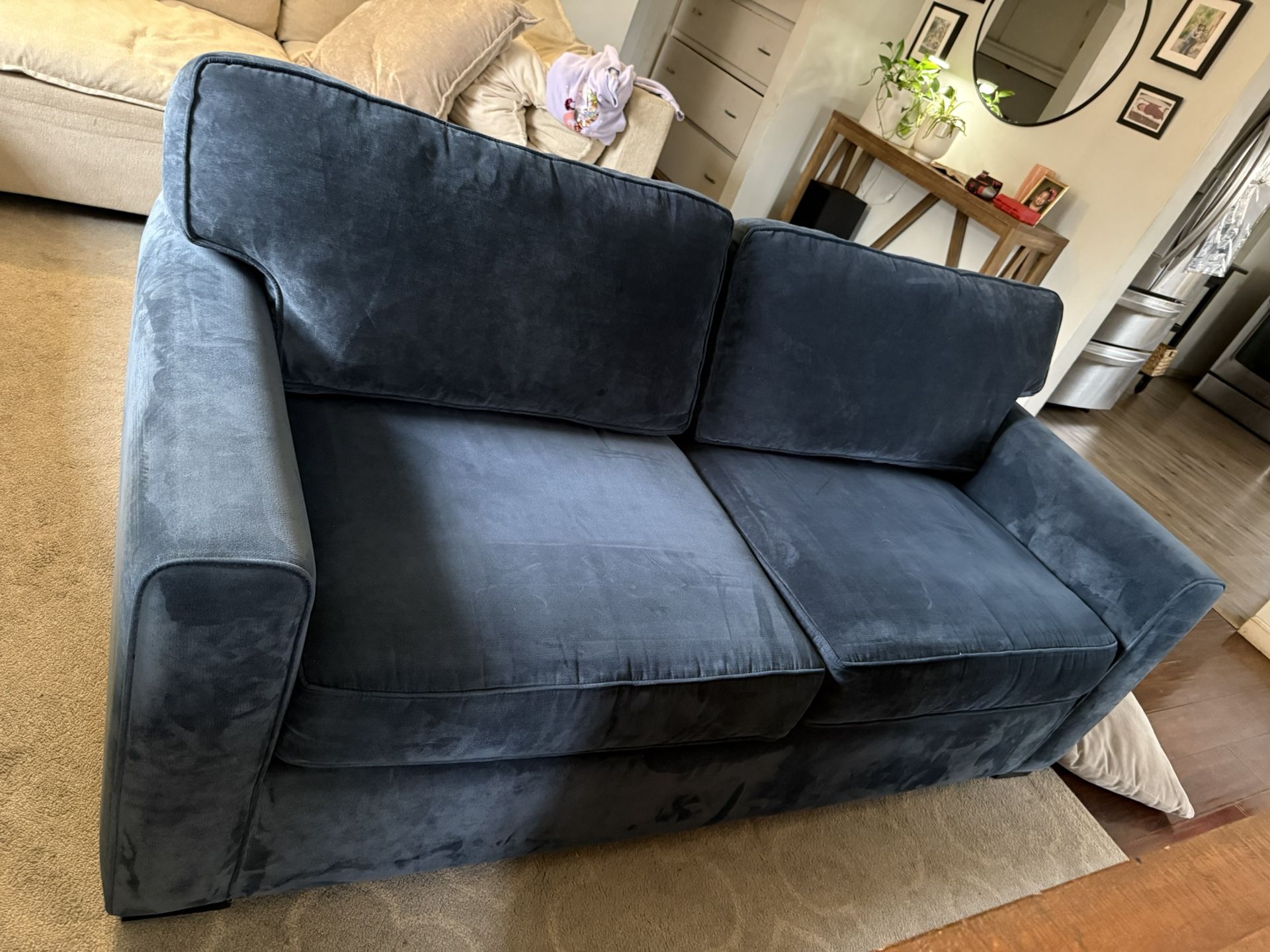 Living Spaces Blue Suede Sofa