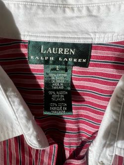 Lauren Ralph Lauren button-down shirt pink pinstripe design with a contrasting white collar. Sz L