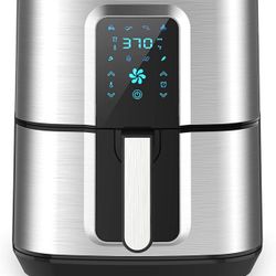 Kitcher 6.8Qt Air Fryer, Hot Air Fryer with 8 Cooking Functions Temperature Timer Control Led Touch Screen 50 Recipes, Stainless Steel Silver