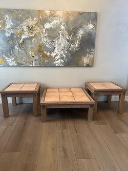 3-Piece Terracotta Tile Top Coffee Table Set- Indoor or Outdoor Solid Wood