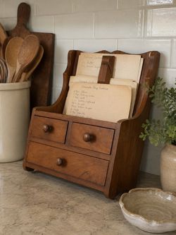 Vintage Wooden Recipe Card Holder with Drawers