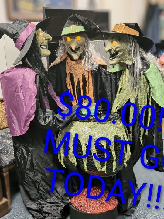 Outdoor Halloween Decoration  Animated Three Witches With A Cauldron