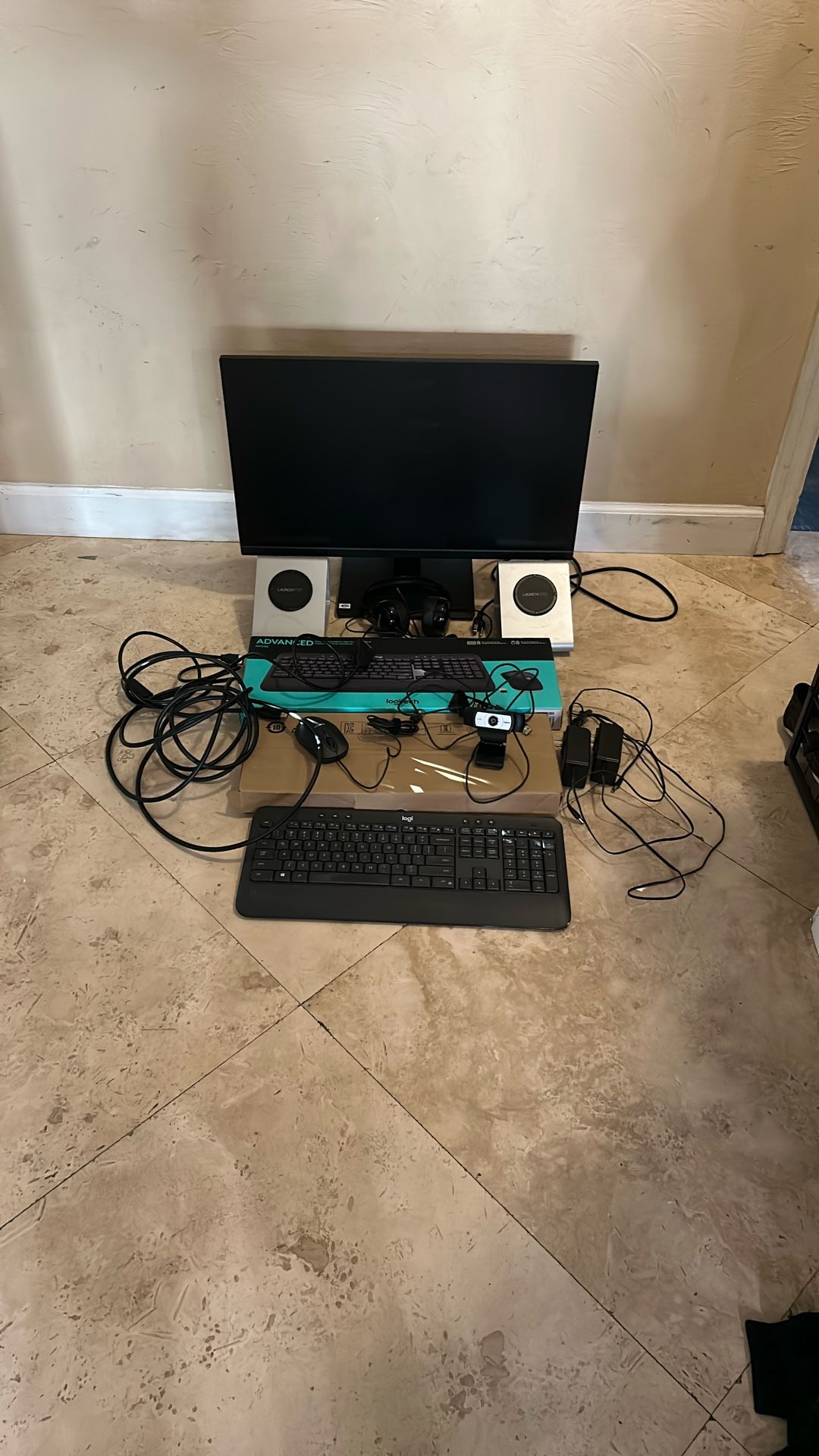 Asus Monitor With 3 Keyboards, A Mouse, Headphones, 2 Launch Ports, A Camera, And A Bunch Of Cables