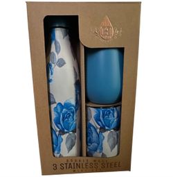 Heritage 3 Pc Stainless Steel Wine Set 25oz Bottle 14oz Tumblers Blue Floral New