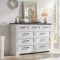 C172 $50  52" Wide Farmhouse 9 Drawer Dresser for Bedroom, Wood grain color Large Drawers, Metal Handles, Side Panel Design, Arched Foot Base, Modern 