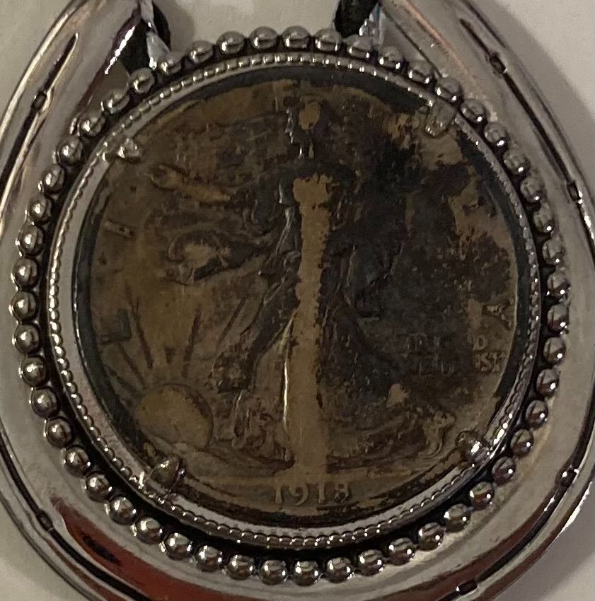 Vintage Metal Bolo Tie Nice 1918 Silver Coin in Horseshoe Design Nice Design 2