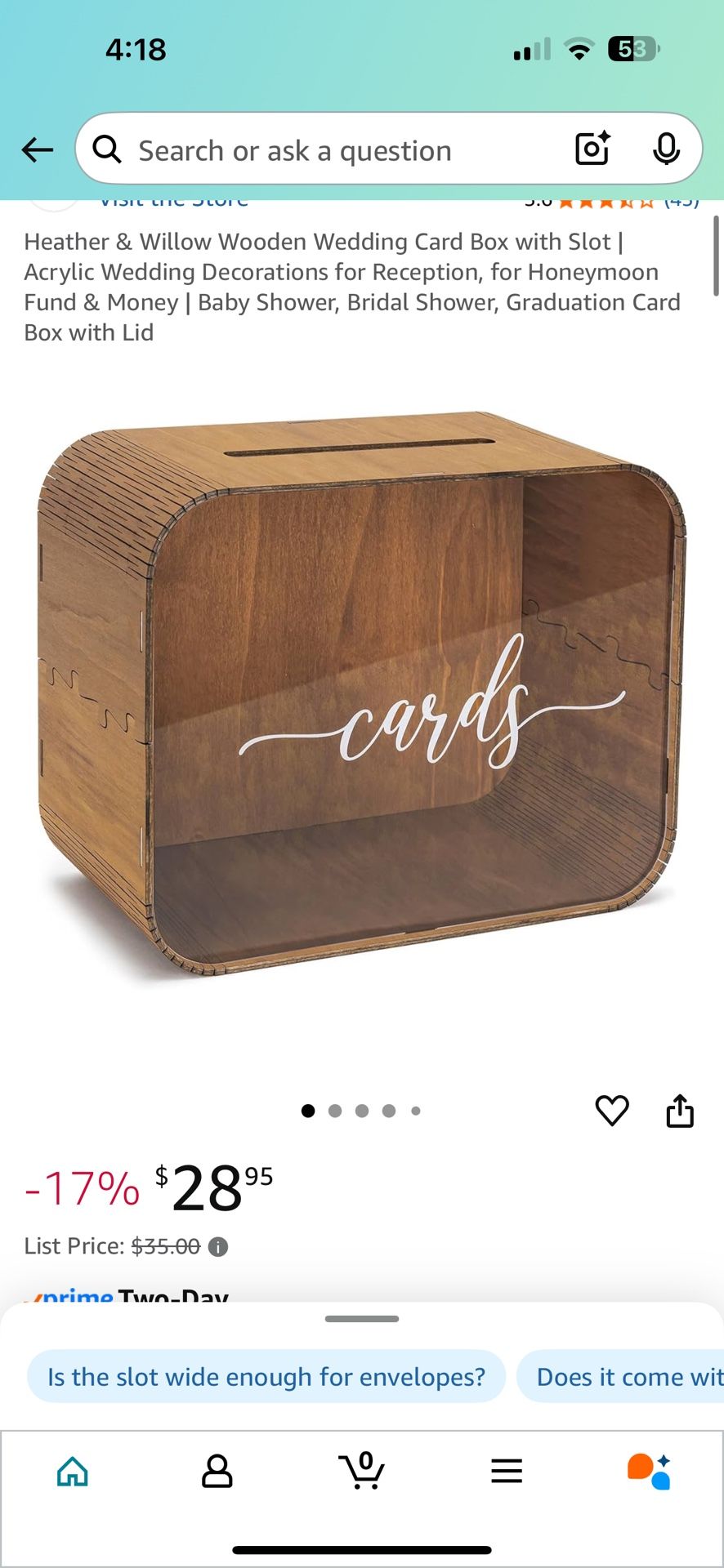 Heather & Willow Wooden Wedding Card Box with Slot | Acrylic Wedding Decorations for Reception, for Honeymoon Fund & Money | Baby Shower, Bridal Showe