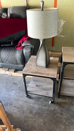Tree shelf table and two side wheeled side tables and lamps