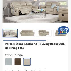 Vercelli Stone Leather 2 Pc Livingg Room With Reclining Sofa