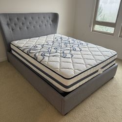 Queen Size Tufted Upholstery Bed Frame with Mattress and Box Spring Very Clean and Good Condition 