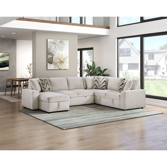 Brand New Biege Chenille 3-Piece Sectional with Pull-out Bed and Hidden Storage (122 x 93.5 x 36H)