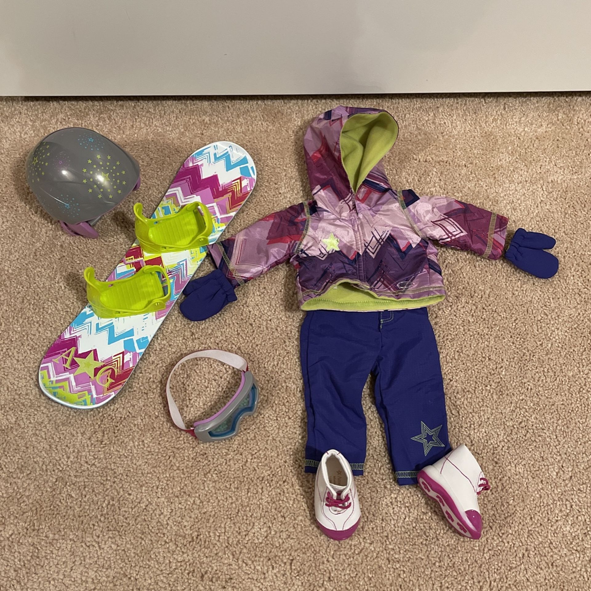 American Girl Snowboard, Helmet, And Snow Outfit